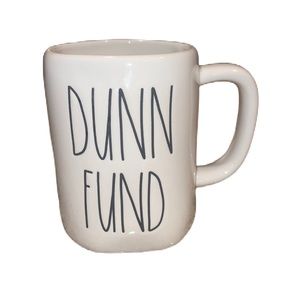 Rae Dunn Dunn Fund coffee tea mug white with black writing